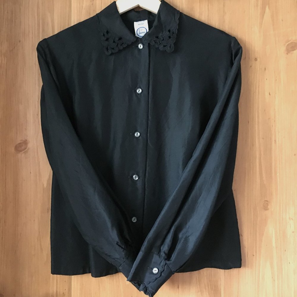Romantic Gothic Vintage Puma Black Satin Viennese Blouse 42/L